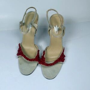 Neutral Slingback Heels with Red Accent Trim